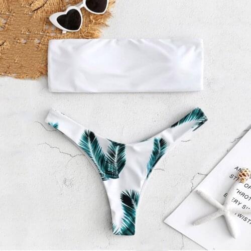 Sexy Women Tube Top Bikini Set Leaves Print Padded Swimwear Bathing Swimsuit Beachwear Swimming Suit biquínis cintura alta