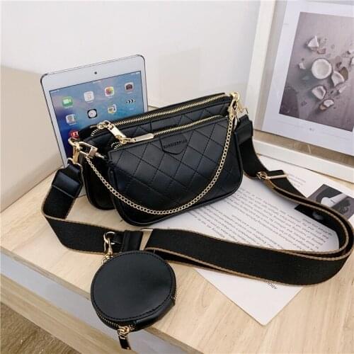 Fashion rhombus chain small shoulder bag wide shoulder strap female bag high quality leather all-match three-piece messenger bag