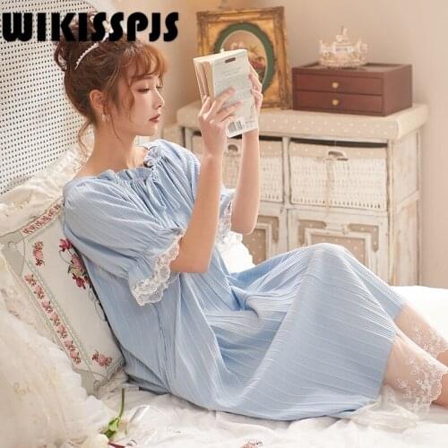 WIKISSPJS 2021 New Summer Short Sleeve Pure Cotton Palace Princess Fresh Long Skirt Home Clothes Sleepwear Women Sleep Dress