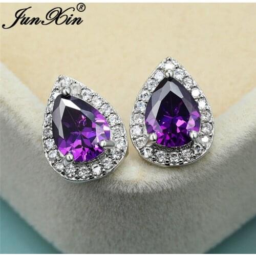Charm Purple Crystal Teardrop Stud Earrings For Women Silver Color Water Drop Stone Zircon Wedding Ear Studs Lovers Jewelry