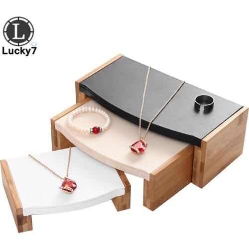 Natural Bamboo Wood Necklace Ring Jewelry Jade Counter Display Stool 3 Pieces Suit High & Low Cabinet Jewelry Display Stand Rack