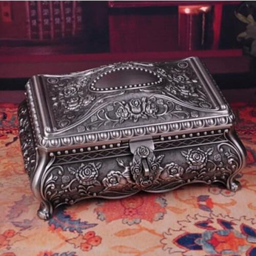 Size XL Fashion Jewelry Box Zinc-alloy Metal Trinket Case Vintage Flower Carved Design Jewellery Storage Gift Box