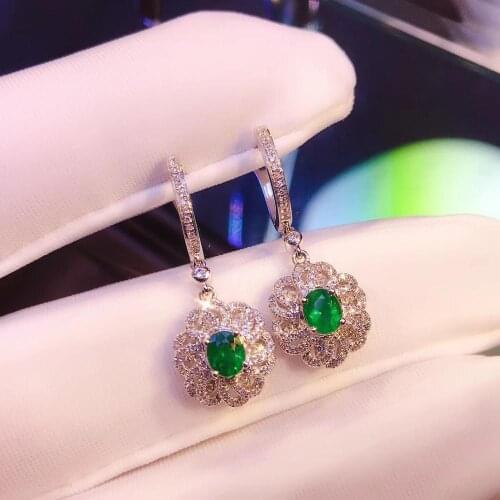 100% Natural Real 0.6ct Oval Shape Zambian Emerald Drop Hoop Earring with Diamond Solid 14K White Gold Anniversary Gift