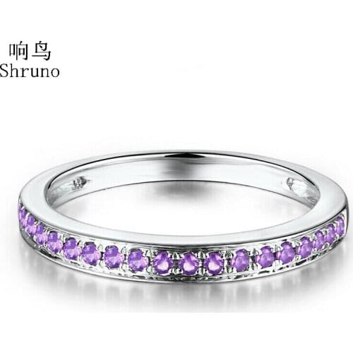 Shruno Solid 10K White Gold Pave 100% Genuine 0.2ct Amethyst Engagement Wedding Ring Women Trendy Fine Jewelry Gemstone Ring