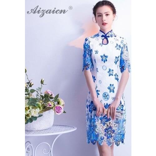 Blue White Slim Cheongsam Long Dresses Modern Orientale Satin Dress Qipao Promotion Chinese Traditional Clothing Qi Pao Women