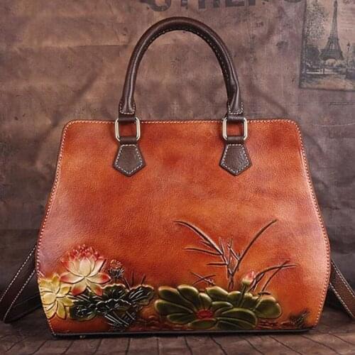 Womens Bag Retro Genuine Leather Shouder Bags for Women Handmade Embossing Handbag Large Capacity Casual Bag Female Tote Bags