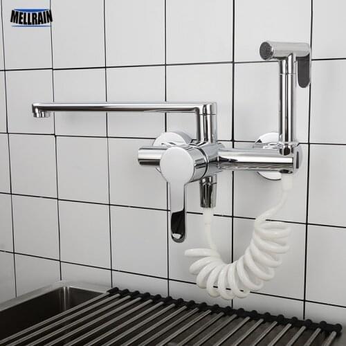 With Bidet Sprayer Wall Mounted Rotatable Kitchen Faucet Brass Polished Chrome Hot & Hold Sink Water Mixer Tap