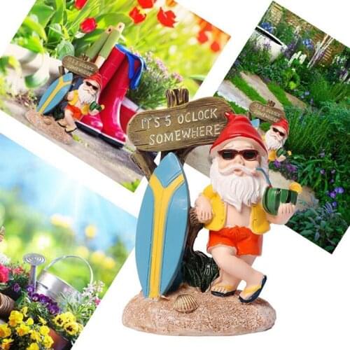 Resin Funny Gnome Figurines with Surfboard Welcome Sign Its 5 O'Clock Somewhere Statue for Home Garden Yard Decoration