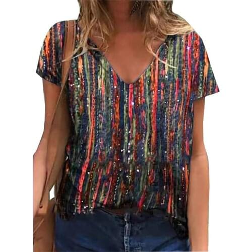 Lady T-Shirts Casual Cotton Blend High Quality Short Sleeve Striped Plus Size V-Neck Lady t Shirt Summer Top Plus Size 4XL