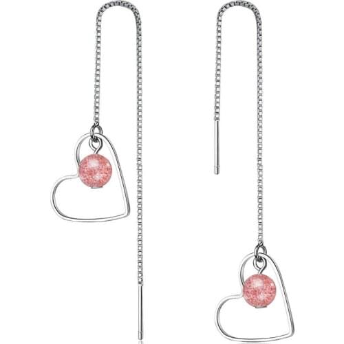 New Strawberry Crystal Heart Shaped Ear Line Long Earrings For Women 925 Sterling Silver Pendientes Jewelry Gift Brincos SAE43