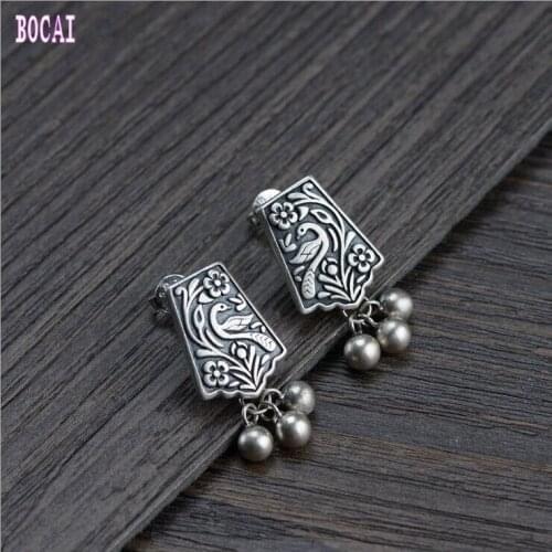 S925 Silver Vintage Thai Silver Craft Womens Stud Earrings Phoenix Flower Womens Style Simple Fringed Silver Earrings