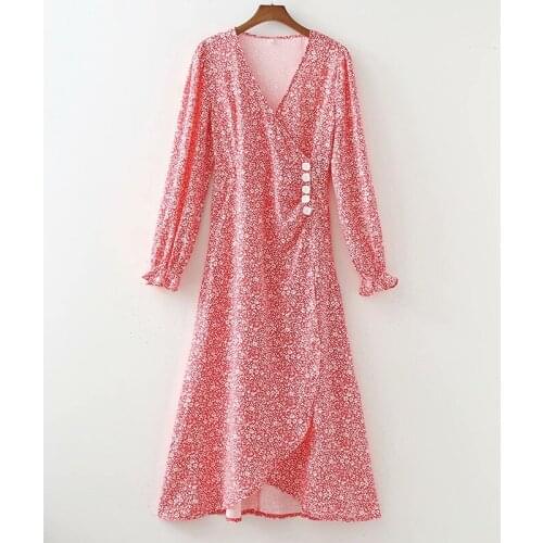 YENKYE Summer Women Floral Print Red Dress Female Cross V Neck Prairie Chic Wrap Long Vestido Mujer Holiday Sweet Ladies Dress