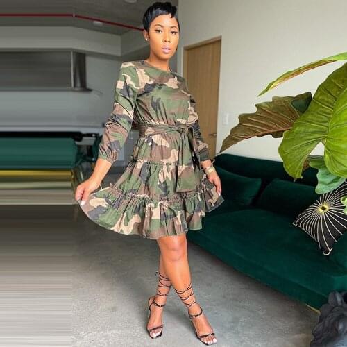 Camouflage Print Casual Pleated Cake Dress for Women O Neck Long Sleeve A-line Dress Early Autumn High Waist Knee Length Dress