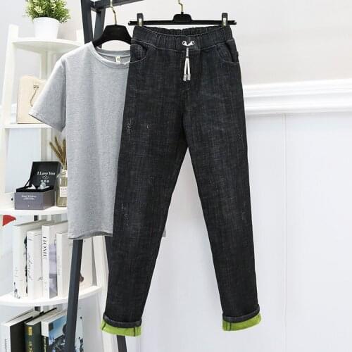 2020 Winter Jeans High Waist Stretch Harem Denim Pants Thickened Fleece Lined Casual Large Size Jeans For Women Warm Jeans