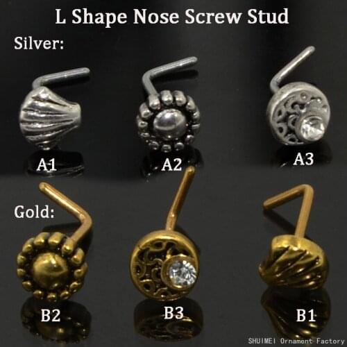 1PC 316l Surgical Steel&Brass Crescent Sparkle,Dotted Sun,Seashell Design L Shape Nose Screw Stud Rings Piercing Jewelry