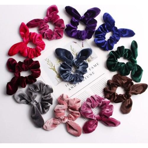 10 Colors Velvet Rabbit Ears Hair Scrunchie Bunny Ears Hair Bow Tie Elastic Girls/Women Ponytail Holder Hair Accessories