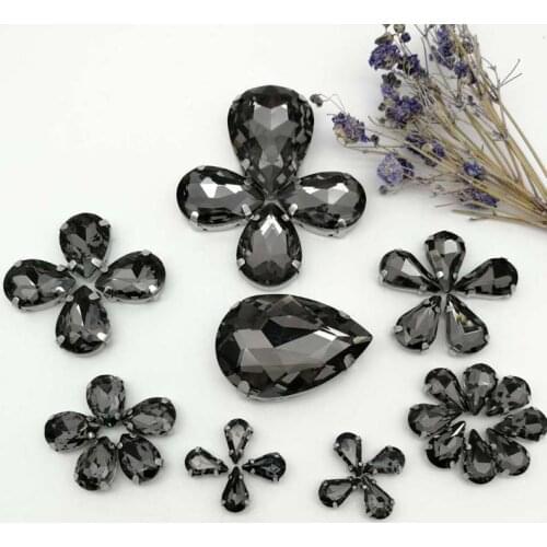 35pcs 8Sizes MIX Gray DR shape Crystal Glass Sew-on Rhinestones Silver Bottom DIY Mobile phone shell and Wedding dress