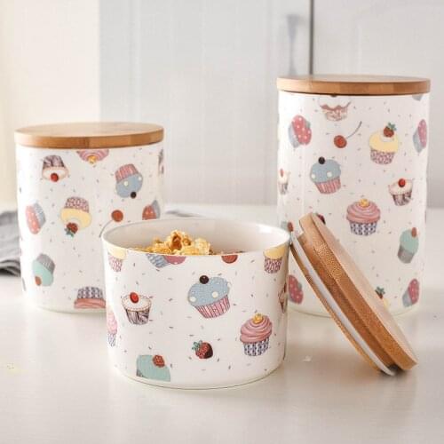 Storage Jars Cookies Nuts Wood-Covers Seal Coffee-Tea Ceramic Cake-Print Candy Kitchen