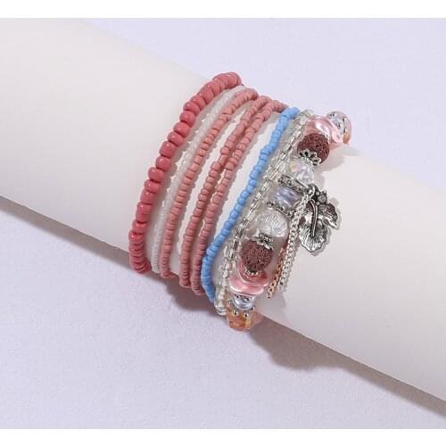 Bohemia Multilayer Alloy Tassel Leaf Bracelet & Bangle For Women Vintage Crystal Beads Charm Bracelet Set Female Jewelry Gifts