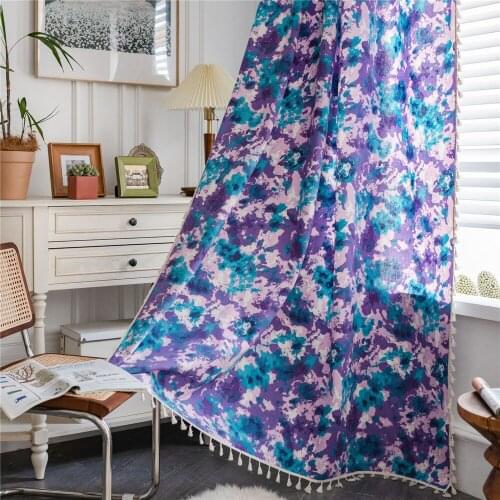 Cilected Purple/Green Cotton Oil Painting Tassel Curtains Home Shading Printing Wear Rod Hanging Curtains Decor Window Curtains