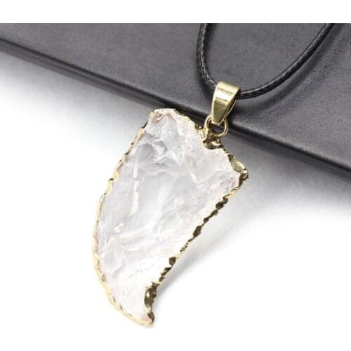 FYJS Unique Light Yellow Gold Color Horn Shape Natural Rock Crystal Pendant Rope Chain Necklace Ethnic Style Jewelry