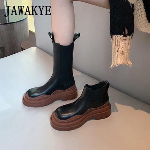 Coffee Brown Thick Sole Womens Demonia Boots Quality Leather Round Toe Mid-calf Boots Casual Motorcycle Boots 2020 Winter Boots