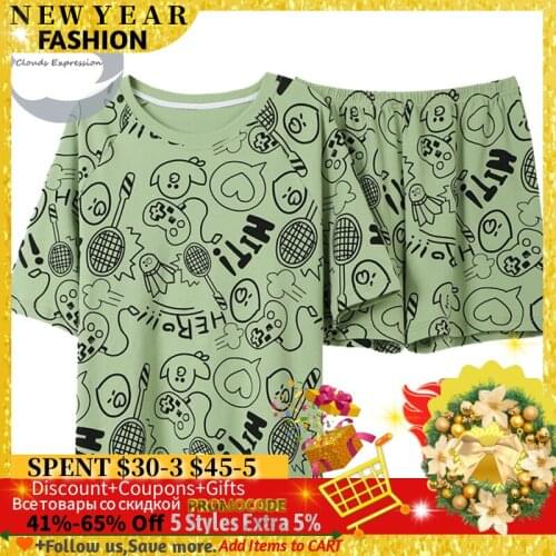 Summer Knitted Cotton Catoon Pajama Sets Women Pyjamas Womens loungewear Pijama Mujer Homewear Girls Night suits Home Fashion