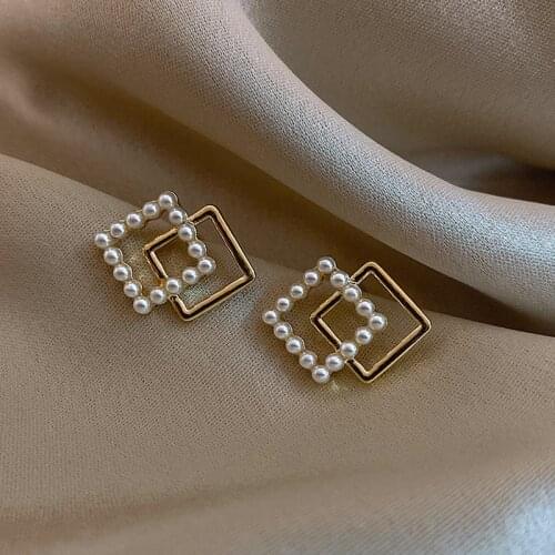 Sweet Cute Double Layer Square Alloy Small Ear Studs Compact Simple Simulated-pearl Simulated-pearl Fresh Geometry Jewelry