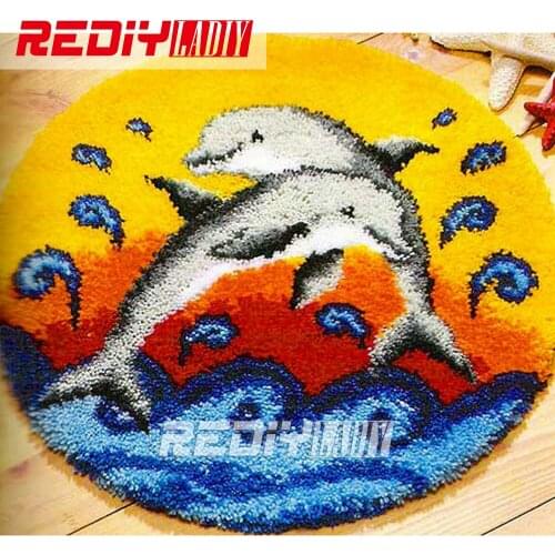 Latch Hook Rug Kits Unfinished Crocheting Tapestry 3D Yarn Needlework Cushion Sets for Embroidery Carpet Dolphin with Love Mat