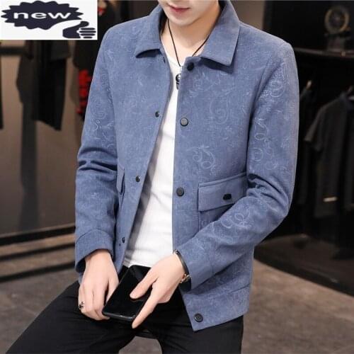 Autumn Mens Velvet Jacket Fashion Printed Pocket Long Sleeve Slim Fit Single Breasted Jackets Vintage Men Business casual Coat