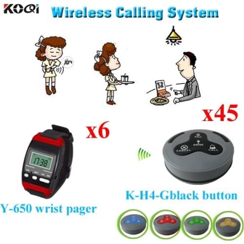 Restaurant Call Paging System Long Distance Transmitter Wireless 6pcs Watch Pager Y-650 Durable Call Button 45pcs 4key K-H4