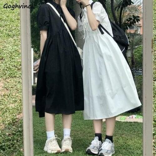 Dresses Women Solid Lace-up A-line Lovely Student Cute Girl Kawaii Fashion Casual Turn-down Collar Tender Elegant Newest Ulzzang