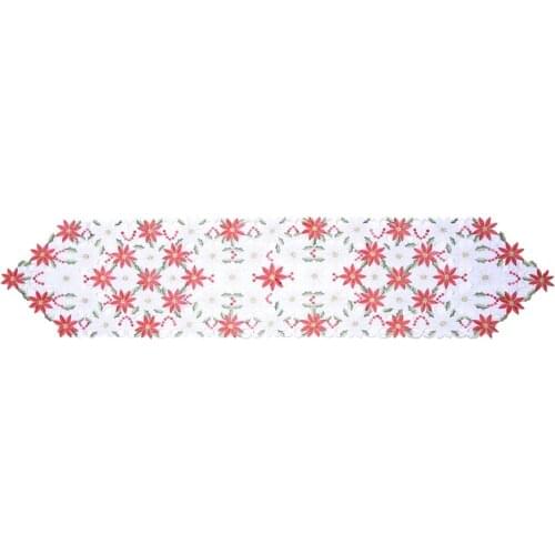 Christmas Embroidered Table Runner, Luxury Holly Poinsettia Table Runner for Christmas Decorations, 15 x 70 Inch