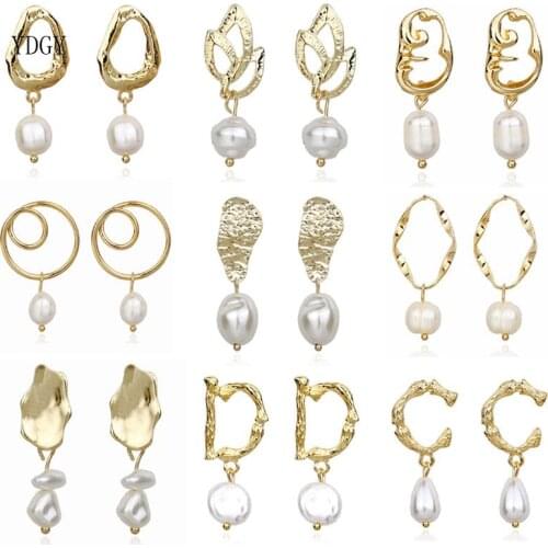 YDGY Korean Geometric Gold Design Metallic irregular round pearls, earrings for womens gifts