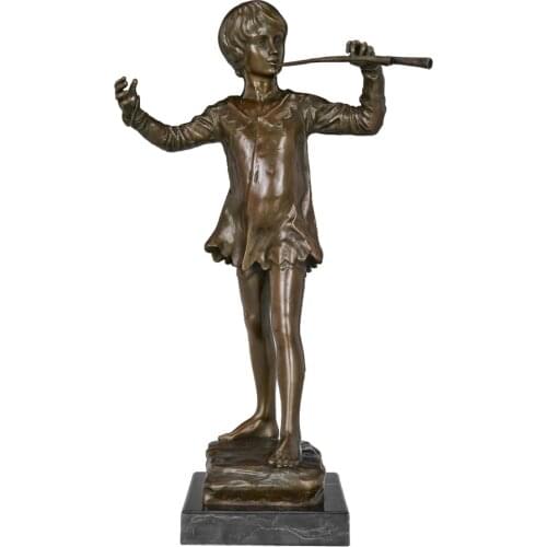Boy Play the Flute Sculpture Statue Bronze Vintage Copper Figurine Home Decor
