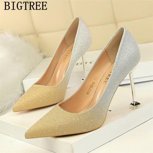 New Arrival 2020 Glitter Heels Pumps Women Shoes Bigtree Shoes Pointed Toe High Heels Dress Shoes Women Zapatos Mujer Tacon Buty