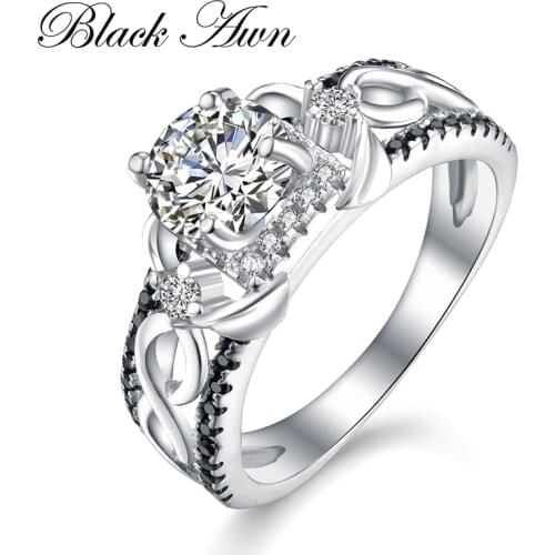 [BLACK AWN] 5Gram 925 Sterling Silver Jewelry Row Black Stone Rings for Women Femme Bijoux Bague Girl Gift C348