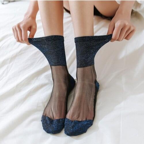 Women Ladies Transparent Thin Shinny Bling Lace Socks Classic Silk Short Socks Fashion New 10 Colors