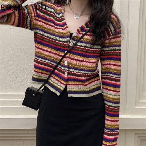 Ggarich Cardigan Women Autumn Outdoor Long-Sleeved Spring Autumn Short Slim V-neck Sweet Rainbow Striped Sweaters
