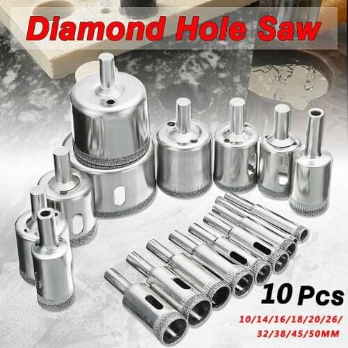 10Pcs/set 10mm-50mm Diamond Coated Hole saw Drill Bit Cutter Core Shaft Tool Kit for Ceramic Porcelain Glass Marble