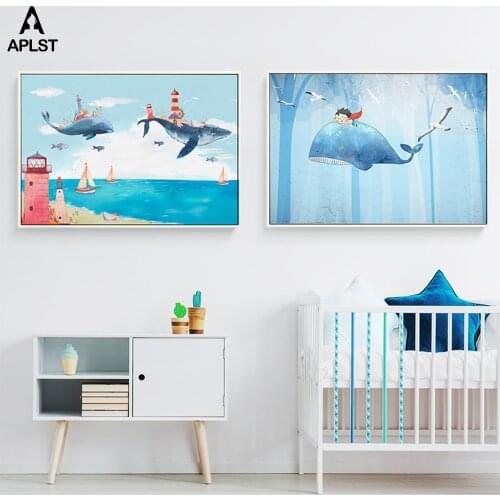 Kids Amazing Sea World Canvas Prints Cartoon Nursery Flying Whale & Fish Wall Art Poster Baby Infants Room Picture Decoration