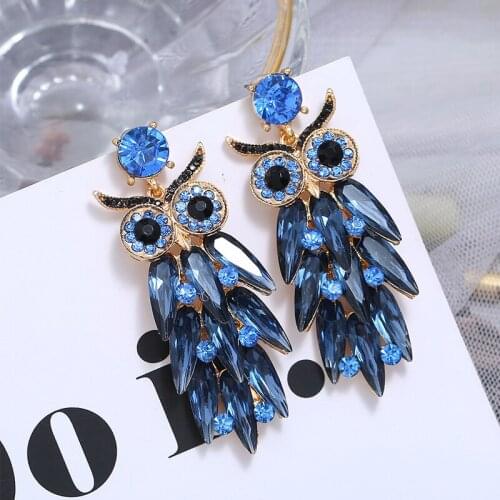 European And American Style Exaggerated Glass Rhinestone Owl Long Earrings Retro Exaggerated Earrings