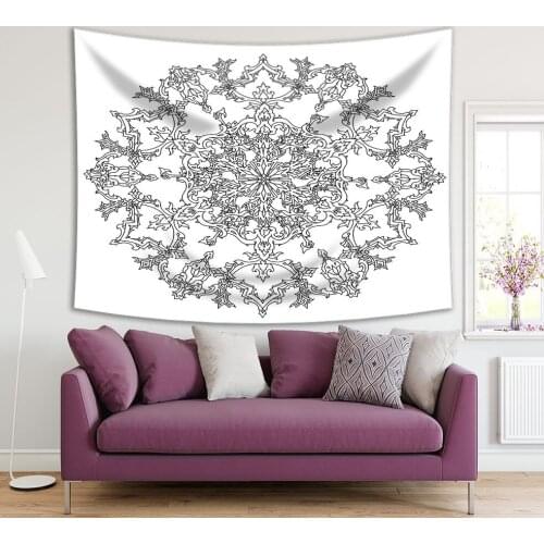 Tapestry Snowflake Shape Circle Ornament Mandala Coloring Book Doodle Style Floral Art Black White