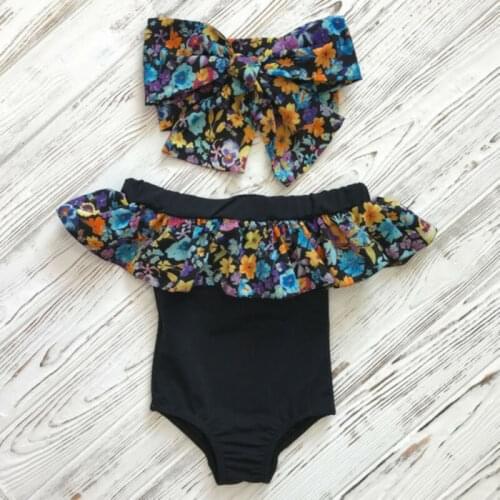 2 PCS Kids Children Girls Cute Floral Print Ruffle Sleeve Off Shoulder Halter One-Piece Suits Beach Holiday Bathing Swimsuits