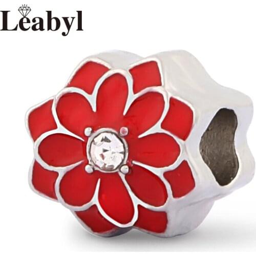Leabyl European & American Trendy Red Enamel Flower Bead Charm fit Bracelet Necklace White Crystal Bead for DIY Jewelry Making