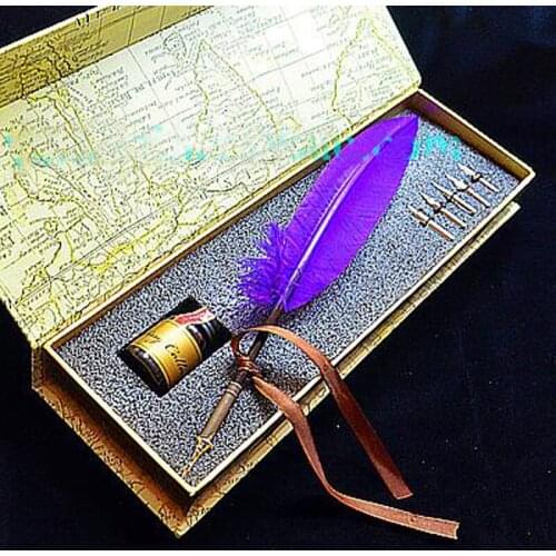 Retro Purple Quill Feather Pen Set with 6 Nibs 1 Ink Signature Calligraphy Dip Pen