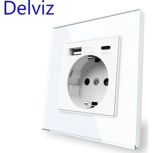 Delviz Type C Wall USB Outlet, White Tempered Crystal Glass Panel, 5V 2100mA With Double usb Ports, EU Standard 16A Power Socket