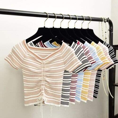 New Summer Striped Ice Silk Knitted T-Shirt Women Panelled Drawstring V-Neck T-Shirts Short Sleeve Pullover Short Tops Tee Mw367