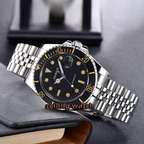 New Parnis 40mm Black Dial Mens Automatic Mechanical Watch Ceramic Bezel Steel Miyota 8215 Movement Mens Watches