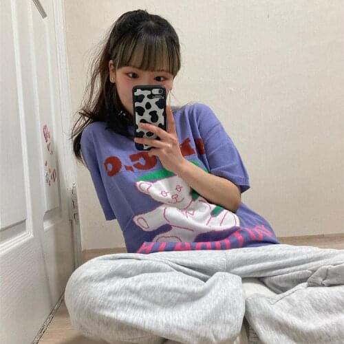 Summer new retro jacquard bear cute knit sweater with short sleeves casual all-match one-size T-shirt top